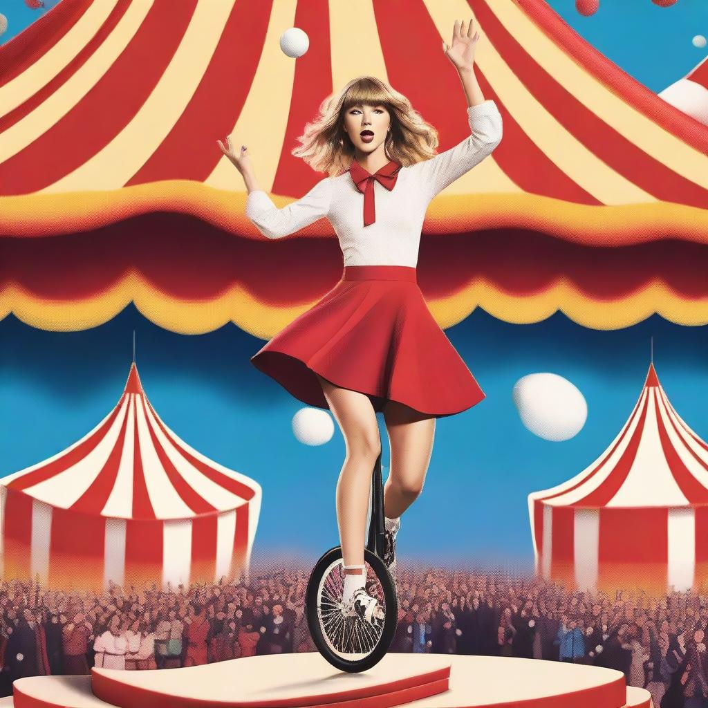 Taylor Swift wearing a track suit, juggling pins while riding a unicycle on a tightrope