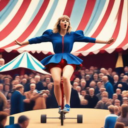 Taylor Swift wearing a track suit, juggling pins while riding a unicycle on a tightrope