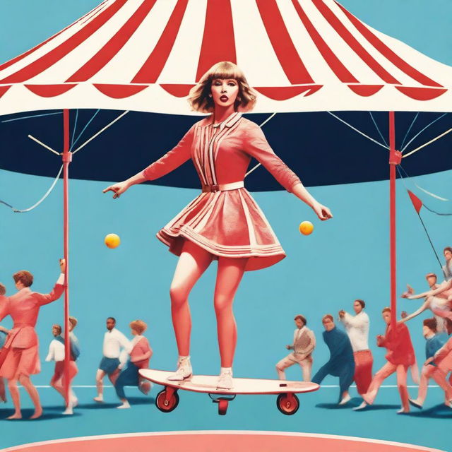 Taylor Swift wearing a track suit, juggling pins while riding a unicycle on a tightrope