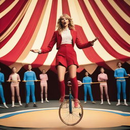 Taylor Swift wearing a track suit, juggling pins while riding a unicycle on a tightrope