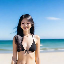 A Japanese girl wearing a black bikini, standing on a beach with clear blue skies and the ocean in the background