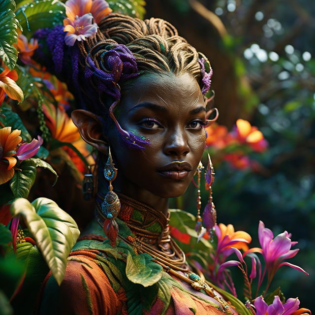 Hyper-realistic 3D image of an intense close-up of a different, more beautiful African elf woman with braids in a rococo outfit, standing in a vibrant, magical African jungle. Her face is intricately detailed, and the image is shot with immaculate composition and lighting.