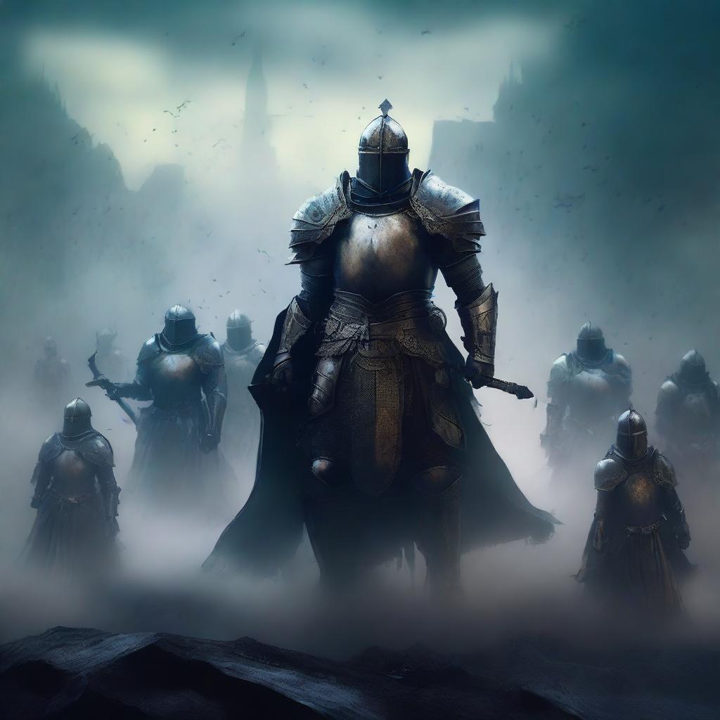 An ethereal scene featuring ghostly knights clad in ancient armor