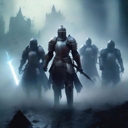 An ethereal scene featuring ghostly knights clad in ancient armor