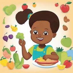 A detailed and colorful manual on child nutrition, featuring illustrations of healthy foods, children eating balanced meals, and tips for parents on how to provide nutritious diets for their kids