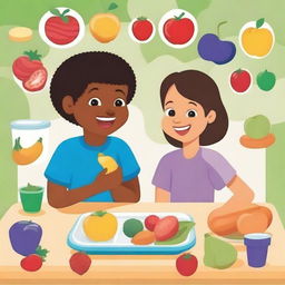 A detailed and colorful manual on child nutrition, featuring illustrations of healthy foods, children eating balanced meals, and tips for parents on how to provide nutritious diets for their kids