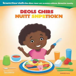 A detailed and colorful manual on child nutrition, featuring illustrations of healthy foods, children eating balanced meals, and tips for parents on how to provide nutritious diets for their kids