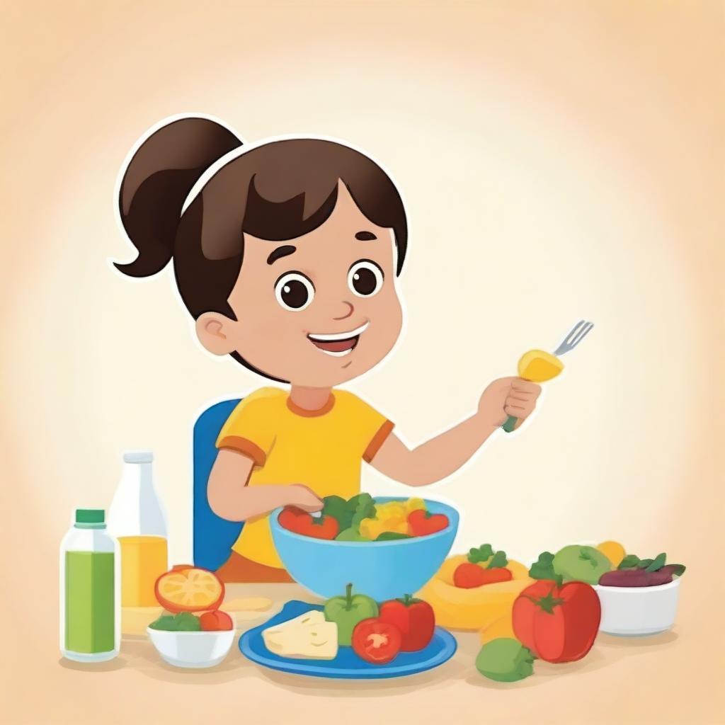 A detailed and colorful manual on child nutrition, featuring illustrations of healthy foods, children eating balanced meals, and tips for parents on how to provide nutritious diets for their kids