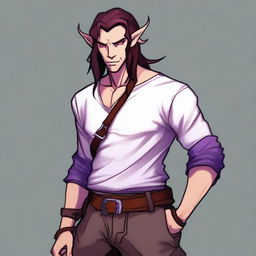 A tiefling with purple skin and long brown hair, appearing as a young adult with a light beard