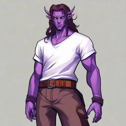 A tiefling with purple skin and long brown hair, appearing as a young adult with a light beard