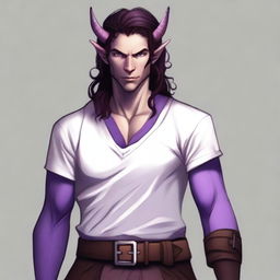 A tiefling with purple skin and long brown hair, appearing as a young adult with a light beard