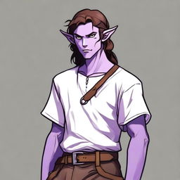 A tiefling with purple skin and long brown hair, appearing as a young adult with a light beard