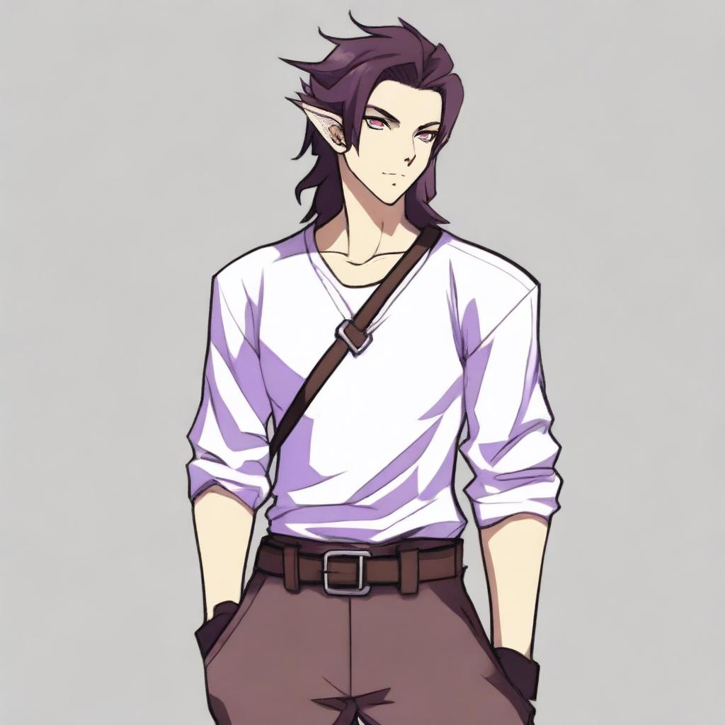 An anime-style tiefling with purple skin and long brown hair, appearing as a young adult with a light beard