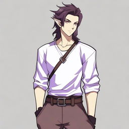 An anime-style tiefling with purple skin and long brown hair, appearing as a young adult with a light beard