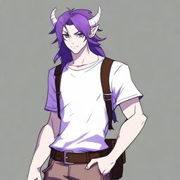 An anime-style tiefling with purple skin and long brown hair, appearing as a young adult with a light beard