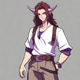 An anime-style tiefling with purple skin and long brown hair, appearing as a young adult with a light beard