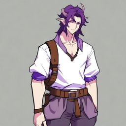 An anime-style tiefling with purple skin and long brown hair, appearing as a young adult with a light beard