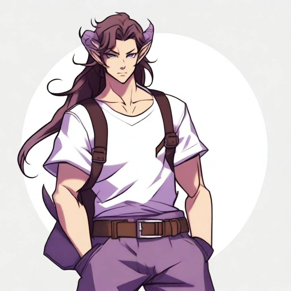 A realistic anime-style tiefling with purple skin and long brown hair, appearing as a young adult with a light beard