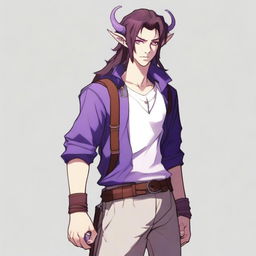 A realistic anime-style tiefling with purple skin and long brown hair, appearing as a young adult with a light beard