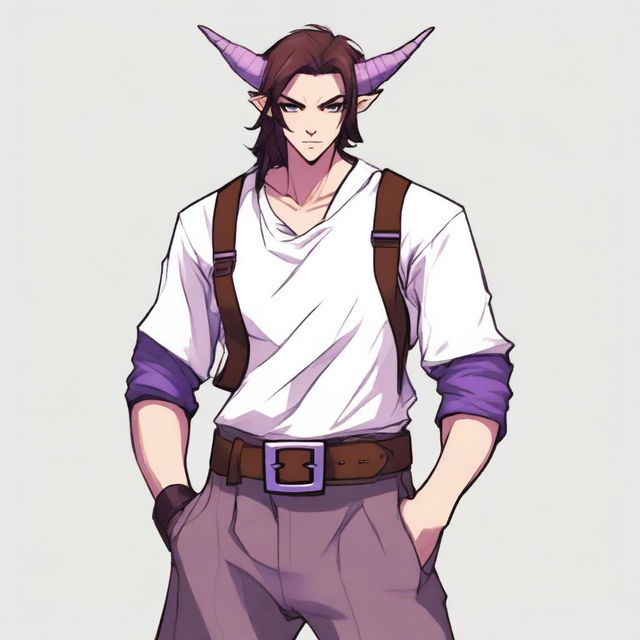 A realistic anime-style tiefling with purple skin and long brown hair, appearing as a young adult with a light beard