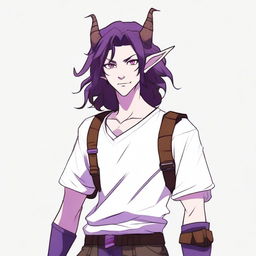 A realistic anime-style tiefling with purple skin and long brown hair, appearing as a young adult with a light beard