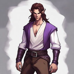 A tiefling with purple skin and long brown hair, appearing as a young adult with a light beard