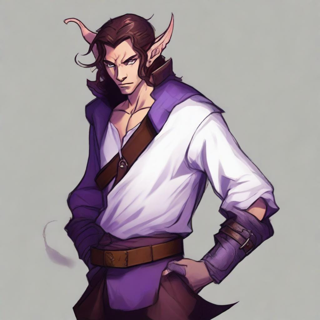 A tiefling with purple skin and long brown hair, appearing as a young adult with a light beard