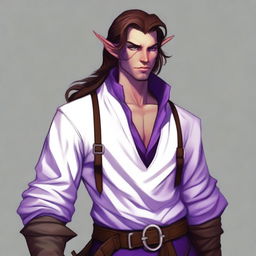 A tiefling with purple skin and long brown hair, appearing as a young adult with a light beard