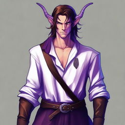 A tiefling with purple skin and long brown hair, appearing as a young adult with a light beard