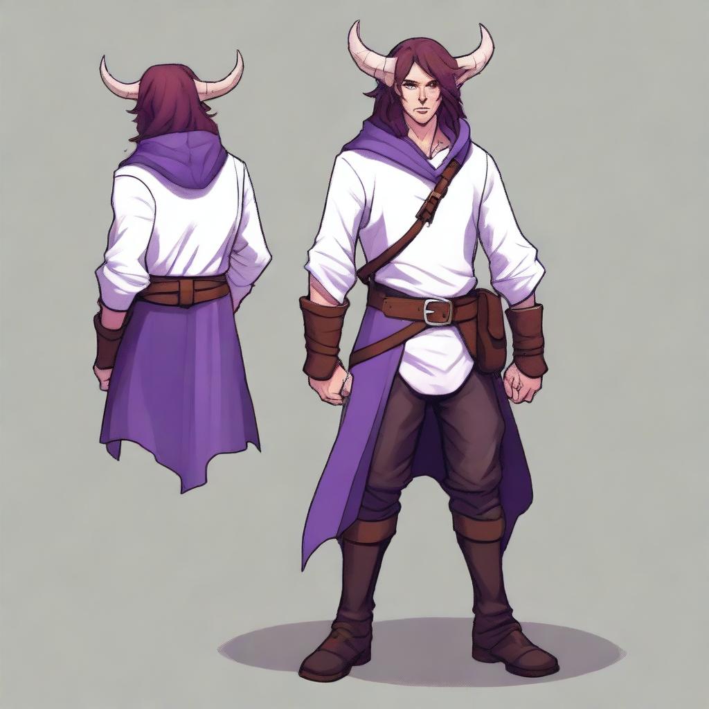 A tiefling with purple skin and long brown hair, appearing as a young adult with a light beard