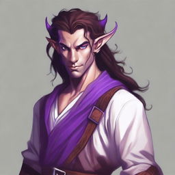 A tiefling with purple skin and long brown hair, appearing as a young adult with a light beard