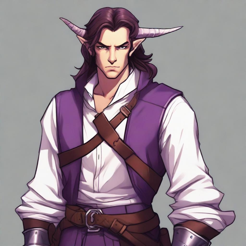 A tiefling with purple skin and long brown hair, appearing as a young adult with a light beard