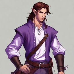 A tiefling with purple skin and long brown hair, appearing as a young adult with a light beard