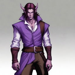 A tiefling with purple skin and long brown hair, appearing as a young adult with a light beard