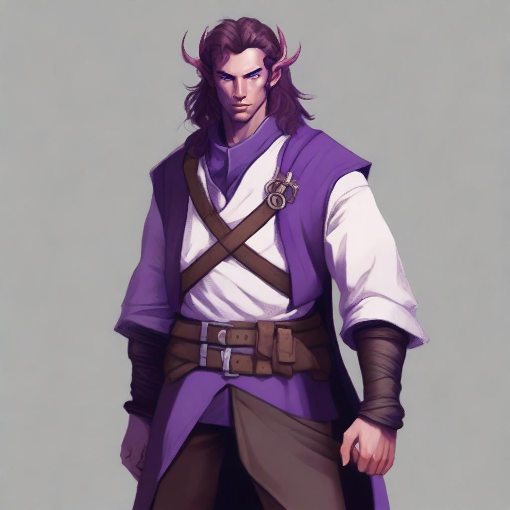 A tiefling with purple skin and long brown hair, appearing as a young adult with a light beard