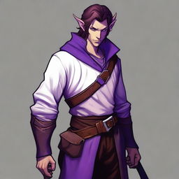 A tiefling with purple skin and long brown hair, appearing as a young adult with a light beard