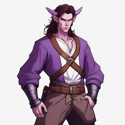 A tiefling with purple skin and long brown hair, appearing as a young adult with a light beard