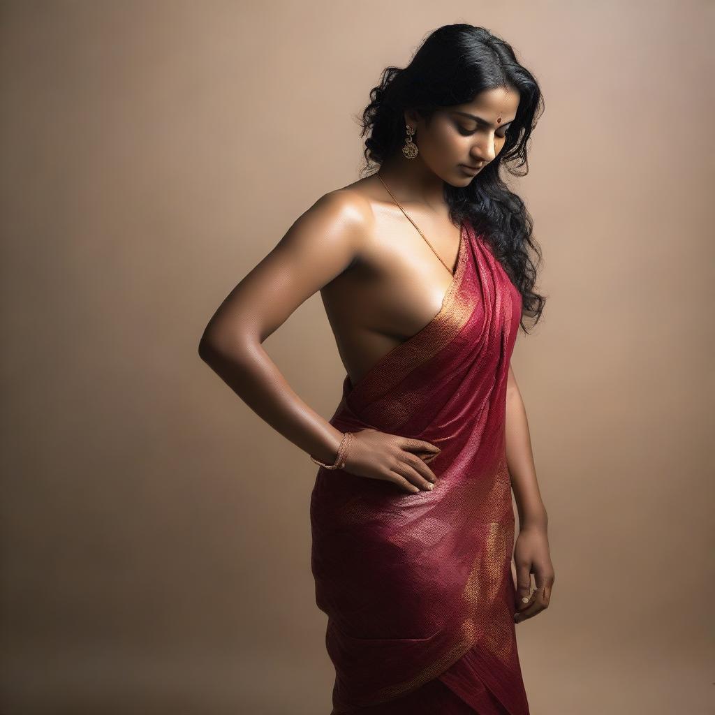 A full-body image of an Indian woman wearing a wet saree, depicted in a sensual and alluring manner