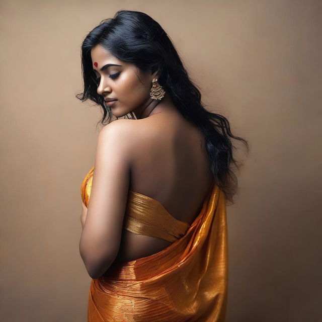 A full-body image of an Indian woman wearing a wet saree, depicted in a sensual and alluring manner