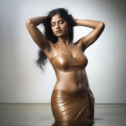 A full-body image of an Indian woman wearing a wet saree, depicted in a sensual and alluring manner