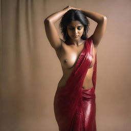 A full-body image of an Indian woman wearing a wet saree, depicted in a sensual and alluring manner