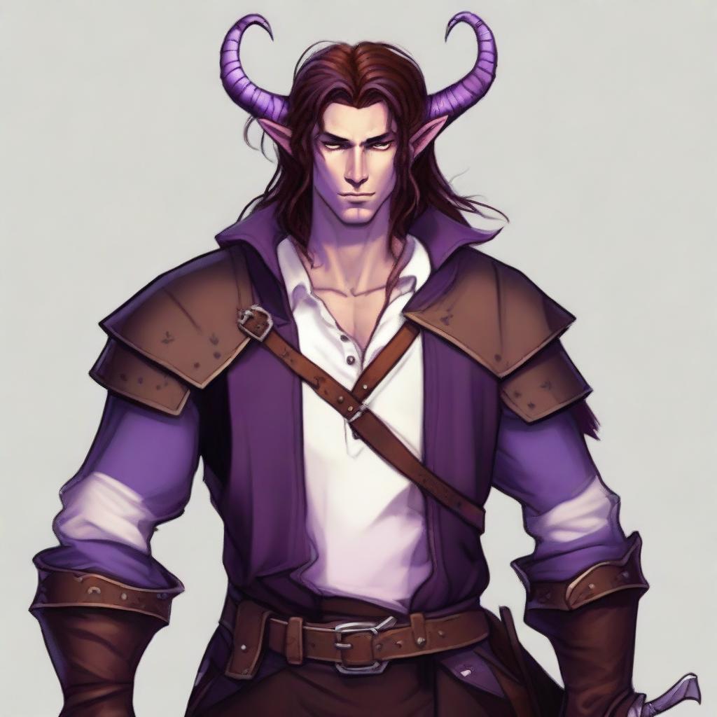 A tiefling with long brown hair and purple skin, appearing as a young adult with a light beard