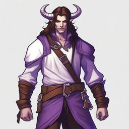 A tiefling with long brown hair and purple skin, appearing as a young adult with a light beard