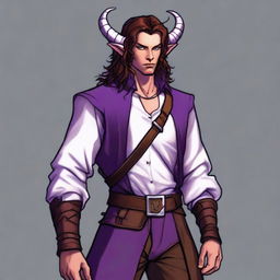 A tiefling with long brown hair and purple skin, appearing as a young adult with a light beard