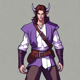 A tiefling with long brown hair and purple skin, appearing as a young adult with a light beard