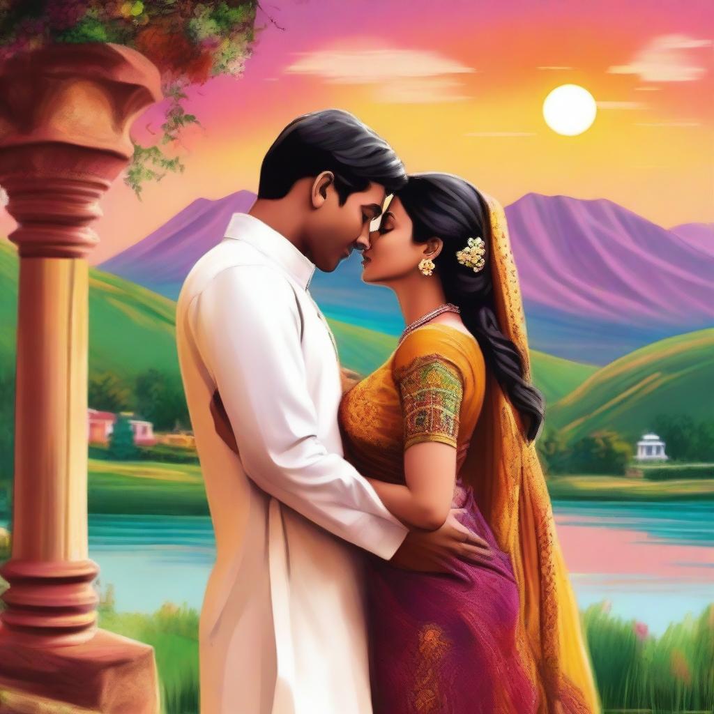 A romantic scene featuring an Indian man and woman sharing a kiss