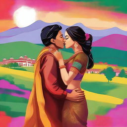 A romantic scene featuring an Indian man and woman sharing a kiss