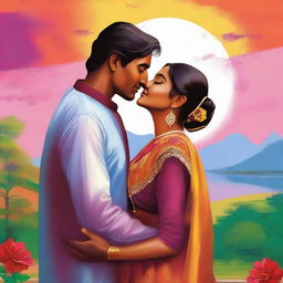 A romantic scene featuring an Indian man and woman sharing a kiss