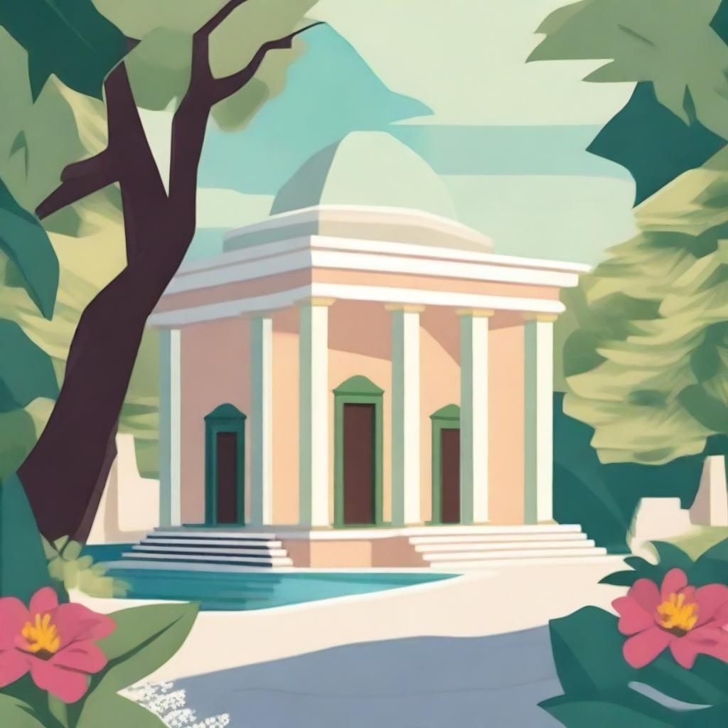 Create a vibrant poster for lit yoga, featuring a traditional Greek-style temple surrounded by lush greenery