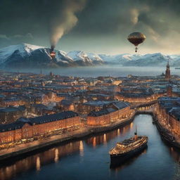 A stunning portrayal of Norway infused with a steampunk aesthetic, encompassing Oslo's skyline boasting copper-clad architectures, fjords inhabited by steam-engine ships, and aurora-lit skies dotted with antique airships.